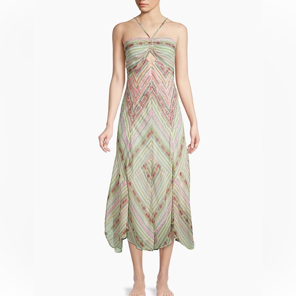 Ramy Brook "NEW" Luella Printed Multicolor Sheer Halter Cutout Dress Size Medium